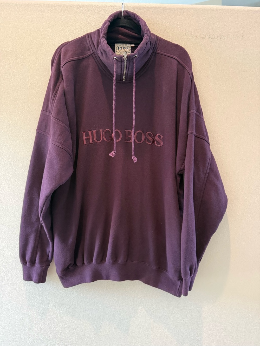 Hugo Boss Men’s Plum Mock Neck Pullover with Drawstring Embroidered Logo Pockets